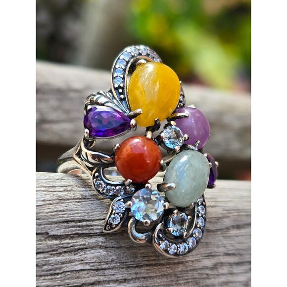 JOY PAJ Jade of Yesteryear 925 Sterling Silver Multi Stone Jade Ring Size 5 - Picture 3 of 11